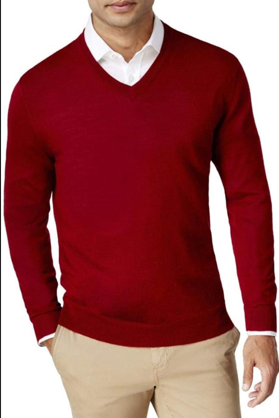 Club Room Men's Merino Wool Sweater V-Neck Dark Red Size XL Italian Spun Yarn